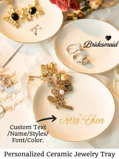 Personalized Text Pattern Ceramic Jewelry Tray, Mr Mrs Ring Dish Personalized Wedding Ring Dish Custom Jewelry Ceramic Trinket Tray With Name Engagement Ring Holder Wedding Gift Decor For Couple Bride Friend,Chic Autumn