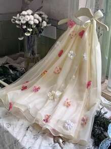 Vestido de princesa elegante con lazo y tul para niña, adecuado para niña de las flores, cumpleaños, fiesta, casual, actuación en el escenario, celebración festiva - Albaricoque - Ver 4