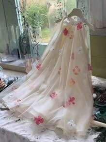 Vestido de princesa elegante con lazo y tul para niña, adecuado para niña de las flores, cumpleaños, fiesta, casual, actuación en el escenario, celebración festiva - Albaricoque - Ver 7