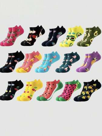 10 Pairs Women's Crew Socks, Multi-Color Life Signs, Fruit, Lychee, Watermelon Patterns, Comfortable Versatile, College Style, Hip Hop Sports Back To School Student Soft Slouchy Maternity Socks