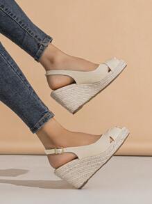 2025 Thời trang nữ màu trơn bện rơm đi biển du lịch đế xuồng đa năng hở mũi dép xăng đan - Màu be - Xem 5