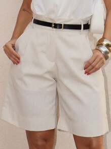 EMILI LLANA MODA Women's Bermuda Shorts With Pockets In Linen With Polyester Simple Casual - Beige - View 4