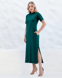 Cotton Midi Dress With SleevesSimpleCasualElegantKnitSplitPocketSide SlitStreetHome - 綠色 - 查看 1