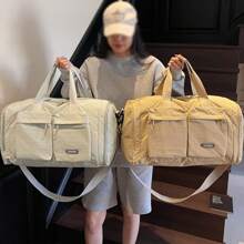 Fashionable Solid Color Unisex Large Capacity Multi-Pocket Handbag, Functional Shoe Compartment & Wet/Dry Separation Storage Bag, Versatile For Travel, Gym, Outdoor, Vacation - Khaki - View 2