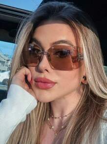 时尚 Y2K 眼镜 复古无框矩形眼镜 时尚运动眼镜 运动粉色镜片 时尚女士服装配饰眼镜