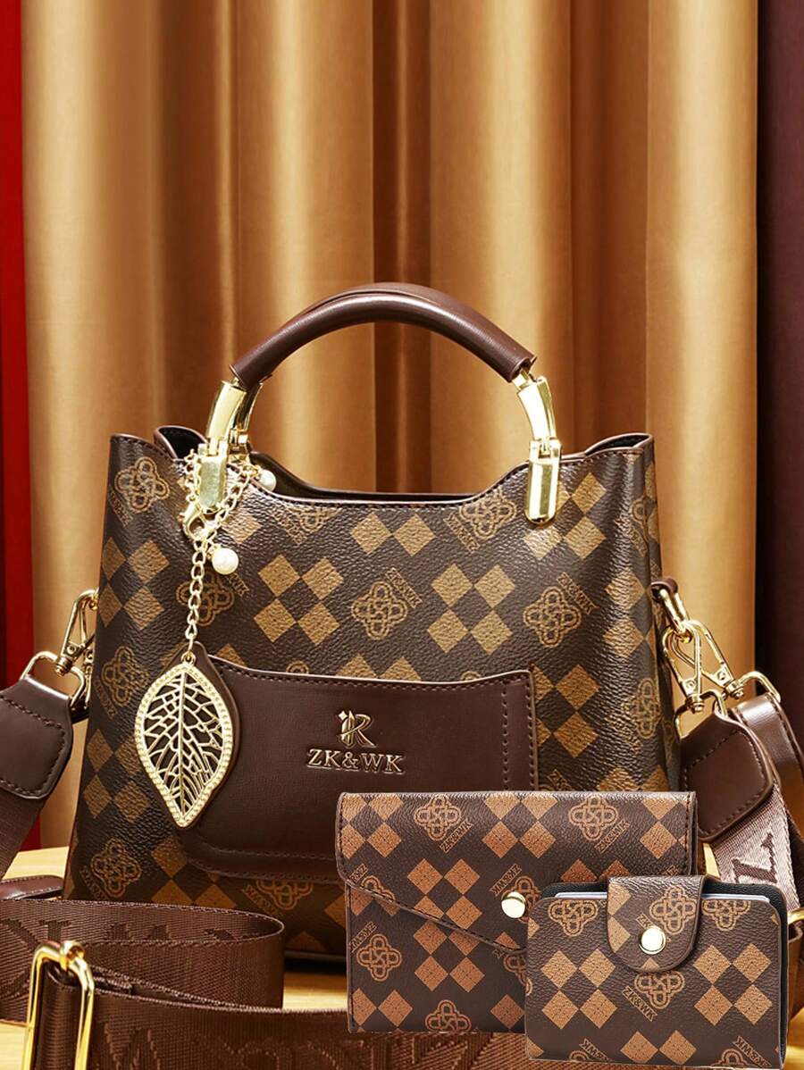 3pcs/Set Printed Women Shoulder Bags, Fashionable & - Coffee - View 1