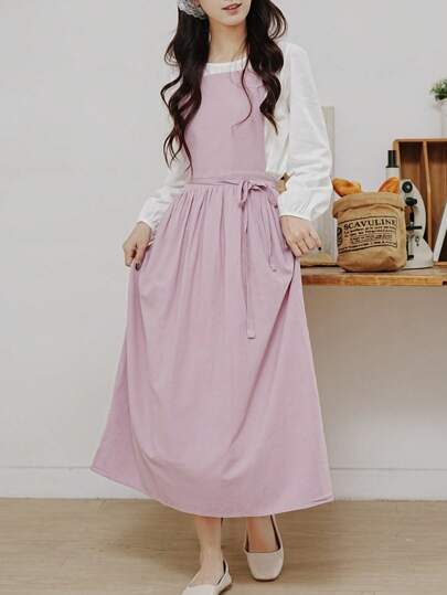 1 PC Adjustable Apron, Modern And Simple Style Long 2 Pockets Pleated Drawstring Anti-Fouling Smock, Suitable For Home Cleaning/Kitchen Baking/Outdoor Activities/Restaurant, Coffee Shop, Flower Shop, Art Studio, Beauty Salon And Other Workplaces