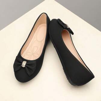 OMS Women's Black Flat Shoes, Square Toe Loafers, 2024 Summer Outdoor Wear, Wide Fit, Thin, Fashion Sexy, Versatile Slip-On, All Season Soft Bottom Round Toe Bow Decor Commuter Shoes