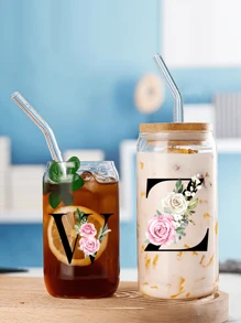 1 buc. Flori imprimate 3D, litere negre, ceașcă de sticlă cu capac, paie și perie cu paie, 16 oz, sticlă de apă, reutilizabilă, simplă, transparentă, de băut pentru lapte, ceai, petrecere, cafea, personalizată, creativă, utilizare în aer liber