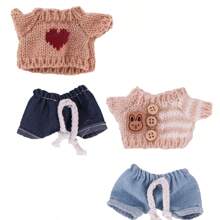 4pcs/Set Setelan Atasan Rajut Lengan Pendek dan Celana Pendek Denim Baru Cocok untuk Boneka Plush LABUBA 17cm (Boneka Tidak Termasuk) - MultiWarna - View 4