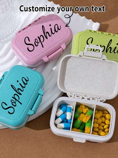 Customized Personalized Text Mini Portable Pill Storage Box, 3 Compartment Tablet Organizer, Weekly Pill Box