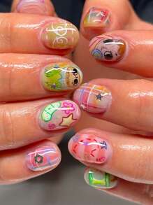 24 片短方形按压指甲礼盒 Y2K 夏季多巴胺可爱卡通浪漫手绘爱心小天使翅膀彩虹变化涂抹熊涂鸦趣味绿苹果核心银色五角星花朵派对便携式礼物假指甲带果冻胶 1 片锉条 1 美甲用品指甲 - 彩色 - 查看 1