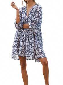 Women Mini Dress, Half Sleeve Lacing Flower Print Pleated Loose Summer Dress For Casual Daily - Navy Blue - View 6