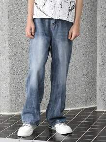 Retro Fashion Versatile Design Straight-Leg Jeans - Medium Wash - View 4