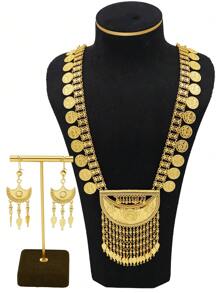 1 Set Vintage Jewelry For Women, Including Zinc Alloy Long Necklace And Tassel Earrings, Suitable For Weddings And Parties, All-Season Accessory - Gold - View 4
