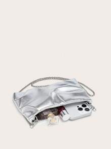 Women's Square Shoulder Bag, Pleated PU Leather, Cracked Texture, Metal Chain, Lightweight & Fashionable, Suitable For Outings And Shopping - Silver - View 4