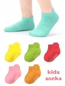 6 Pairs Solid Color Gum Dot Grip Non-Slip Socks With Polka Dot Stripe Pattern - Teen Socks For Little Girls And Baby - Multicolor - View 6