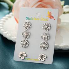 4 Pairs /Lot, Vintage Chic Bohemian Stainless Steel Floral Earrings - A Vintage-Inspired Cutout Design, Perfect For Party Gifts, Gifts For Family And Friends