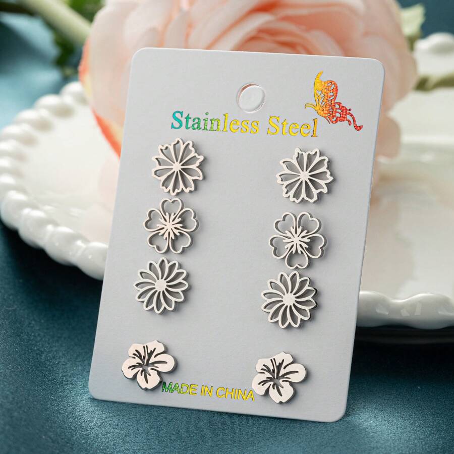 4 Pairs /Lot, Vintage Chic Bohemian Stainless Steel Floral Earrings - A Vintage-Inspired Cutout Design, Perfect For Party Gifts, Gifts For Family And Friends