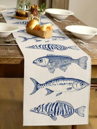 1pc Fish Pattern Table Runner, Modern Style, Daily Home Kitchen Decor Table Runner, Simple And Elegant, Suitable For Home Kitchen Decoration And Event Party Decor