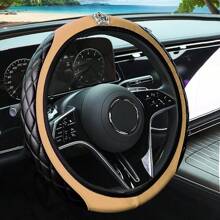闪亮水钻皇冠 PU 3D 刺绣皮革方向盘套，适合 14.5-15 英寸汽车，舒适
