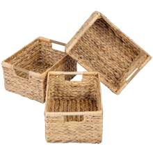 Large Wicker Basket Rectangular With Wooden Handles For Shelves, Water Hyacinth Basket Storage, Natural Baskets For Organizing, Wicker Baskets For Storage 14.5 X 10.3 X 7.5 Inches - 3 Pack - 駝色 - 查看 1