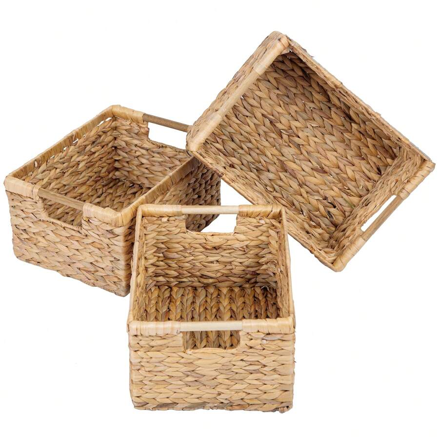 Large Wicker Basket Rectangular With Wooden Handles For Shelves, Water Hyacinth Basket Storage, Natural Baskets For Organizing, Wicker Baskets For Storage 14.5 X 10.3 X 7.5 Inches - 3 Pack - 駝色 - 查看 1