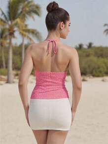 Women Tank Tops Plaid/Dot Print V-Neck Halter Neck Vests Summer Sleeveless Tops Streetwear - Red - View 4