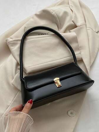 软面 pu 皮革金属锁扣装饰翻盖复古风格法棍包女士单肩包新款女包小包手提包小方包