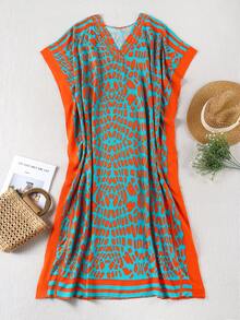 Woven Fabric V Neck Batwing Sleeve Arabian Dress Long Bright Multi-Color Print Kaftan For Women