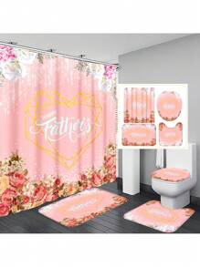1pc/4pcs Father's Day Printed Multifunctional Decorative Bathroom Waterproof Shower Curtain With 12 Hooks, Bathroom Non-Slip Mat, U-Shaped Floor Mat And Round Toilet Seat Cover, Bathroom Set For All Scenarios Back To School