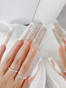 nailrosy 10Pcs Handmade Extra Long Press On Nail False Nail Box Included Fake Nails Tip Stickers Blush Nail Charms Short Nails Drill Toe Nails Duck Nails Nail Stuff Long Nails Nail Polish Gel Nail Poly Gel Rhinestone Decor Nail Supplies Nails - White - View 3