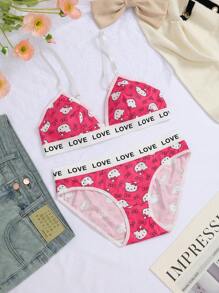 Sanrio 2 件  女士内衣套装：三角杯印花文胸 + 松紧腰带三角内裤，卡哇伊 - 玫紅色 - 查看 8