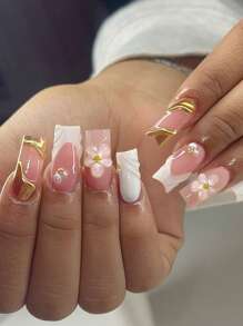 24 件长方形 3D 凝胶指甲，可制作带有珍珠图案的花朵指甲，法式尖头按压指甲，中号亚克力假指甲套装，包含 1 件果冻胶和 1 件指甲锉，易于佩戴 3D 凝胶指甲，法式尖头按压指甲艺术，适合女性女孩日常工作节日派对使用美甲用品