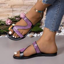 New Fashionable High-End Women's Rhinestone Design Slide Sandals - Pink - View 4
