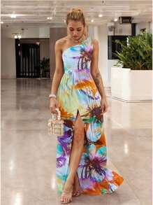 Vestido Estampado Largo Elegante con Hombro Asimétrico Descubierto y Abertura en la Pierna con Detalle de Cinturón para Mujer - Naranja - Ver 1