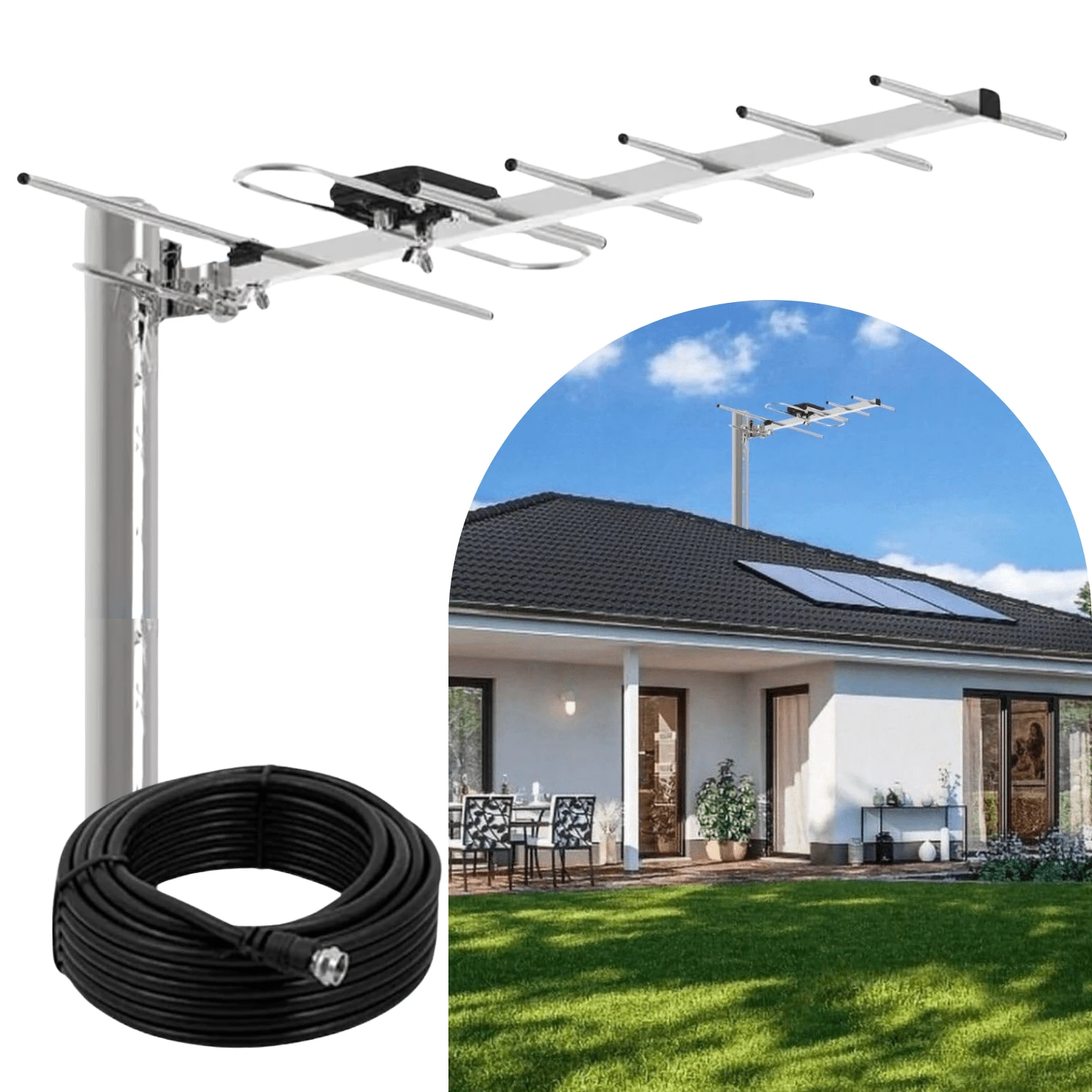 Antena TV Digital Exterior HD, recepción amplificada, Canales televisión Abierta, Antena Inteligente Maxima recepcion, Antena Inteligente (Incluye 10m de Cable Reforzado) - Gris - Ver 1