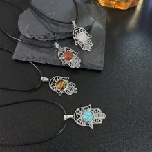 1pc Fashion Necklace With Natural Crystal, Rose Quartz And Tiger Eye Stone Palm Pendant, Suitable For Daily Wear