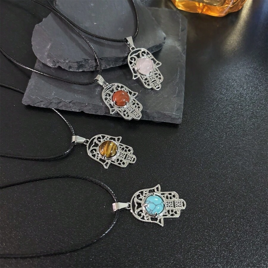 1pc Fashion Necklace With Natural Crystal, Rose Quartz And Tiger Eye Stone Palm Pendant, Suitable For Daily Wear