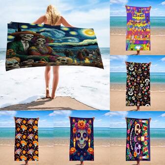 1pc Quick Drying Super Absorbent Skeleton Beach Towel, Day Of The Dead Design - Lightweight, Soft Knitted Fabric, Suitable For Swimming, Outdoor, Camping, Travel - Essential Beach Blanket