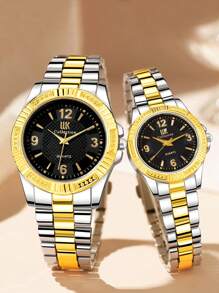 2pcs Fashionable & Versatile Round Steel Band Couple Quartz Watches For Men And Women