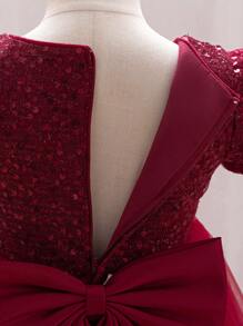 H HIBOBI 女婴3D立体花朵贴花亮片拼接大蝴蝶结网纱派对连衣裙 - 酒紅色 - 查看 6