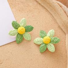 2pcs Set Fashionable Six-Petal Flower Rattan Braided Earrings, Beach Resort Style Accessories For Women