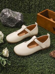 1 Pair Girl's Beige Flat Shoes, PU Material With Hook And Loop Adjustable Size Design, Round Toe, TPR Anti-Slip Comfortable Light-Weight Solid Color Dance Shoes, Suitable For Girls Aged 5-14, For School, Party, Outdoor Daily Casual Wear - Beige - View 8