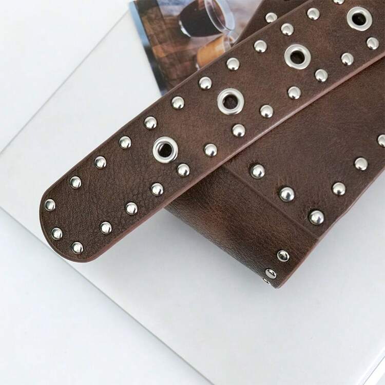 1pc Punk Style Rivet Waist Belt With Curved Buckle, Brown Color, Recommended To Pair With Dresses - A - View 4