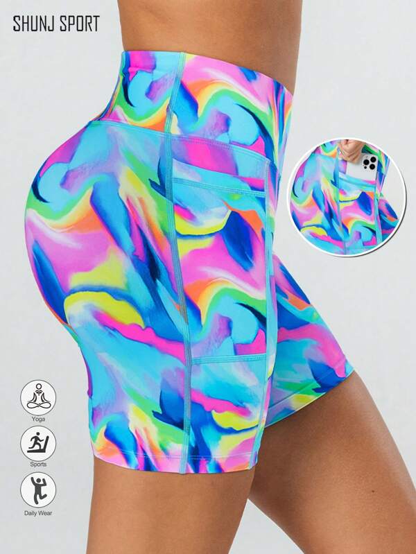 Women's Random Tie-Dye Printed Casual Sports Shorts, High Waist Yoga Shorts With Phone Pockets, Running Workout Fitness Shorts, Suitable For Daily Wear In Summer