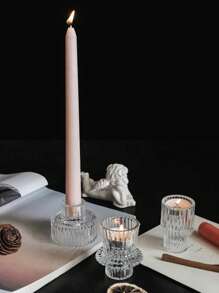 3pcs Set Striped Glass Candle Holders, Dual Use For Thick & Thin Candles, Elegant Home Decor Candle Holder Set Gifts Birthday Graduation,Wedding