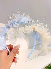 1 件儿童头饰皇冠珍珠蕾丝头带，可爱公主防滑发饰，女孩生日派对 - 彩色 - 查看 2