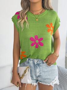 Spring & Summer Casual Floral Patchwork Drop Shoulder Knit Top Vacation - Green - View 4