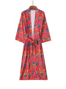 宽松复古佩斯利印花和服/长袍/罩衫，优雅波西米亚风格女士外套，柔软缎面面料，中长款，适合春秋季海滩和旅行